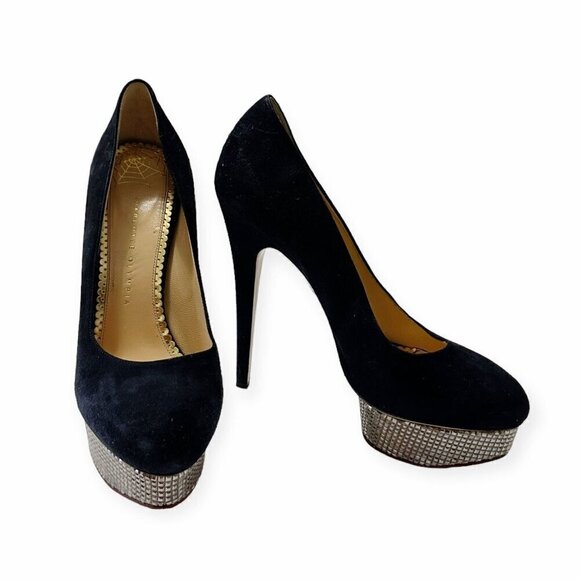 Charlotte Olympia Dolly Platform Pumps with Metal Platform, 41 EU, Navy Suede - Picture 9 of 16